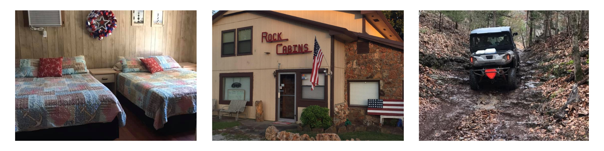 collage of cabins and camping sites 