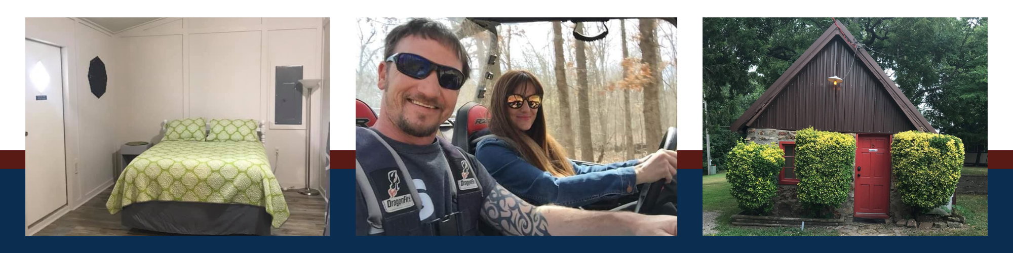 collage of cabins and guest riding into an ATV