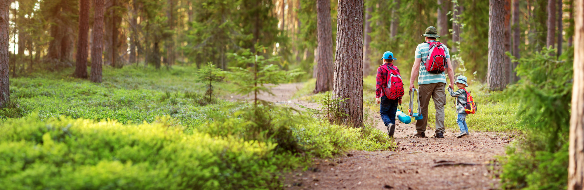 Dad with kids walking a trail 